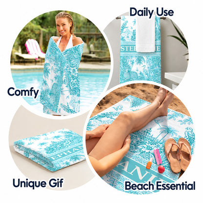 French Riviera Collection & Toile De Jouy Pattern Aquamarina - Personalized Beach Towel-Myprintsy