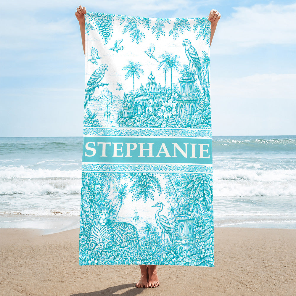 French Riviera Collection & Toile De Jouy Pattern Aquamarina - Personalized Beach Towel-Myprintsy