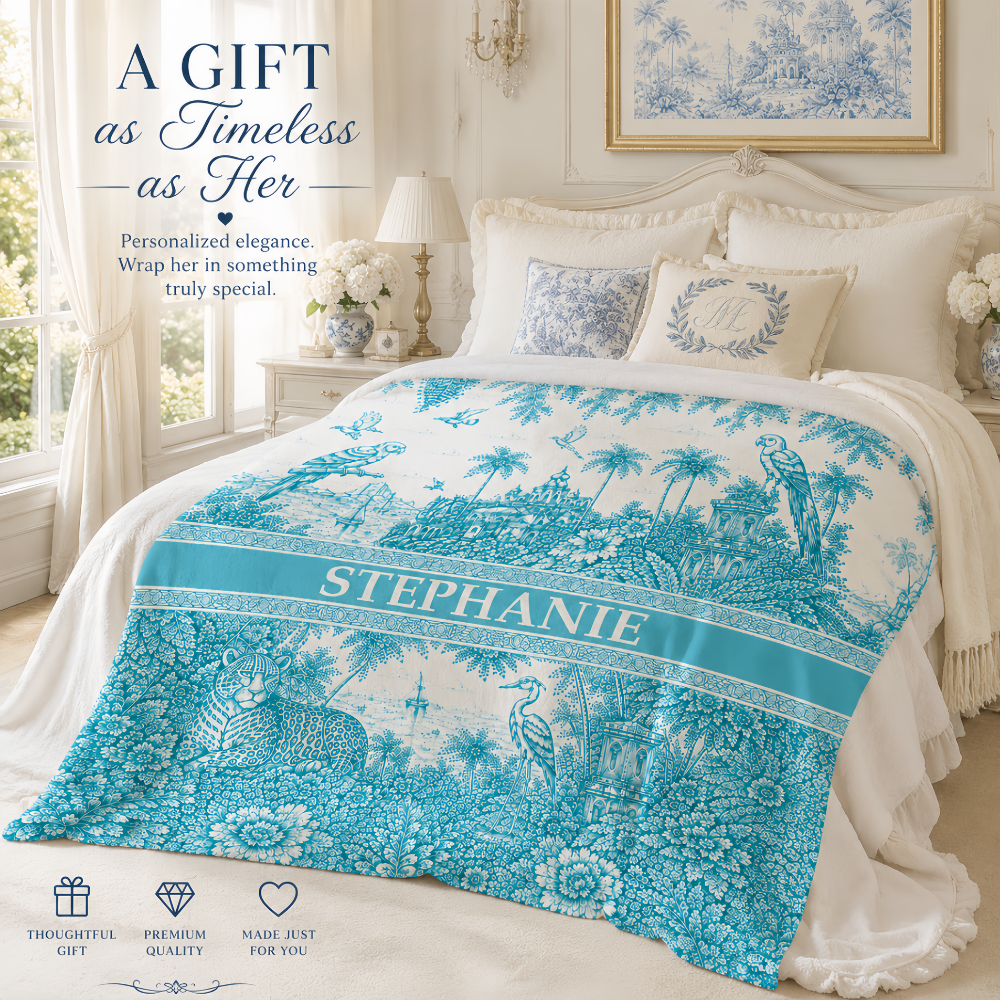 French Riviera Collection & Toile De Jouy Pattern Aquamarina - Personalized Blanket-Myprintsy