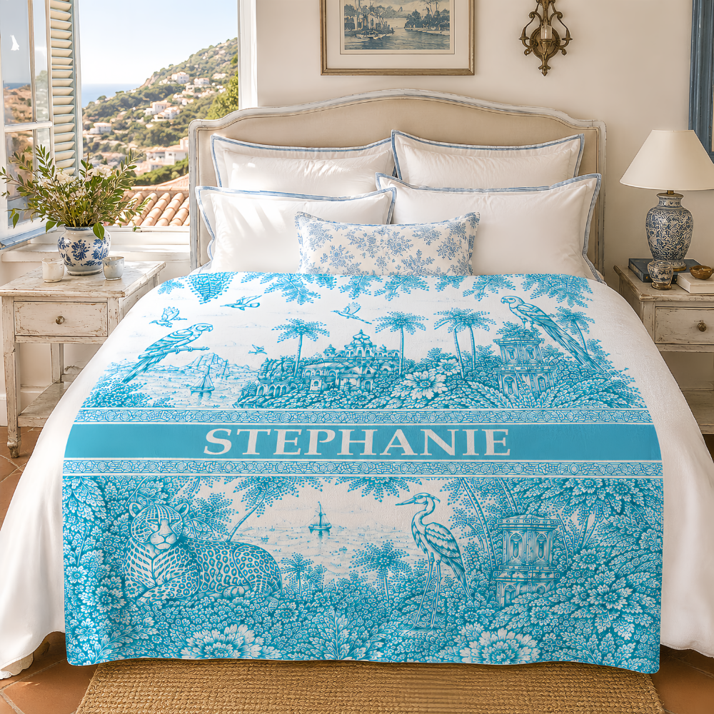 French Riviera Collection & Toile De Jouy Pattern Aquamarina - Personalized Blanket-Myprintsy