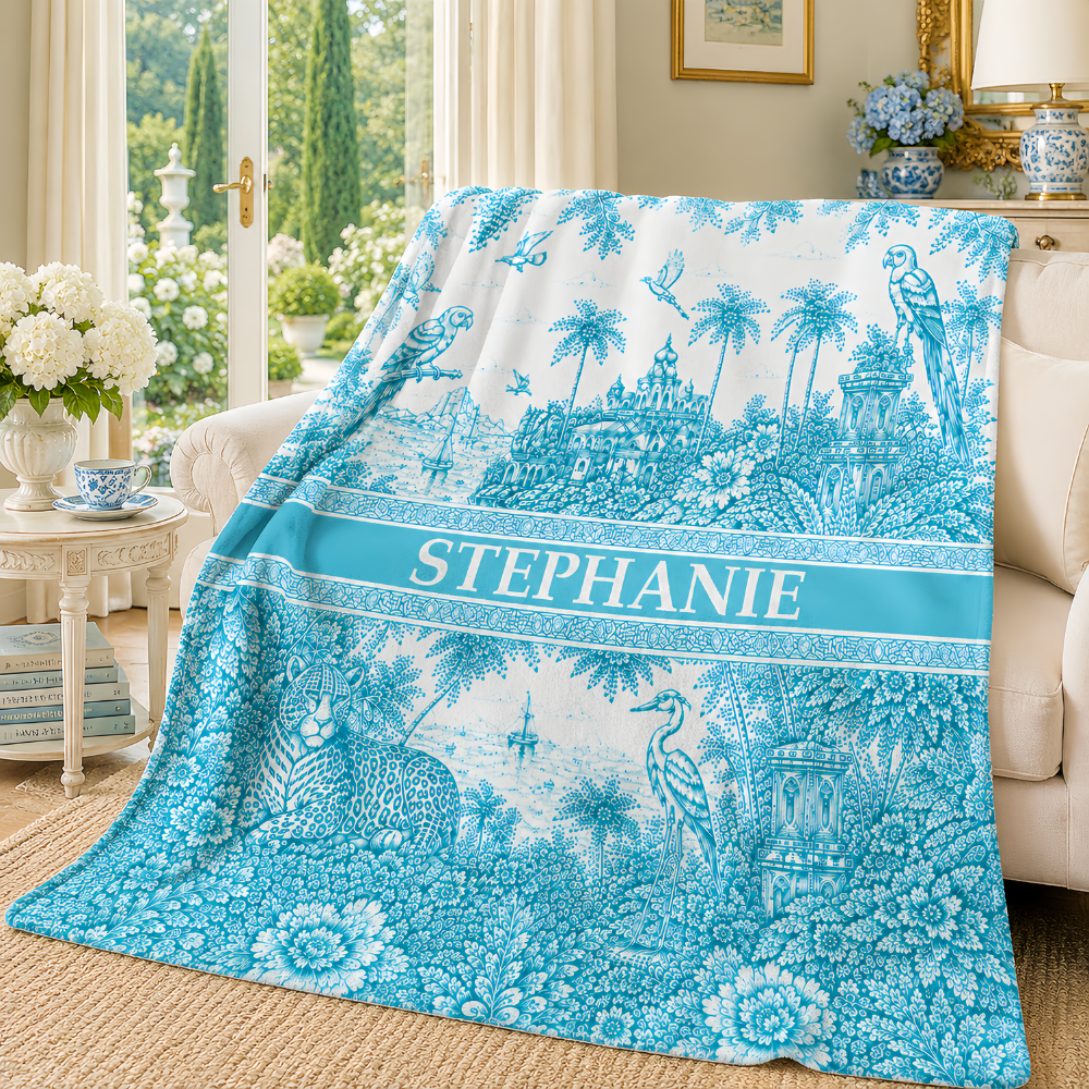 French Riviera Collection & Toile De Jouy Pattern Aquamarina - Personalized Blanket-Myprintsy
