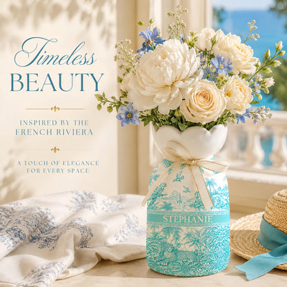 French Riviera Collection & Toile De Jouy Pattern Aquamarina - Personalized Ceramic Flower Vase - Gift For Home Decor-Myprintsy