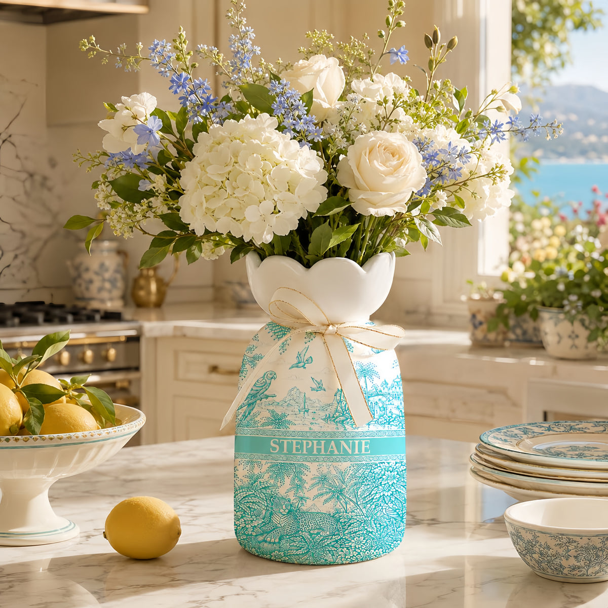 French Riviera Collection & Toile De Jouy Pattern Aquamarina - Personalized Ceramic Flower Vase - Gift For Home Decor-Myprintsy
