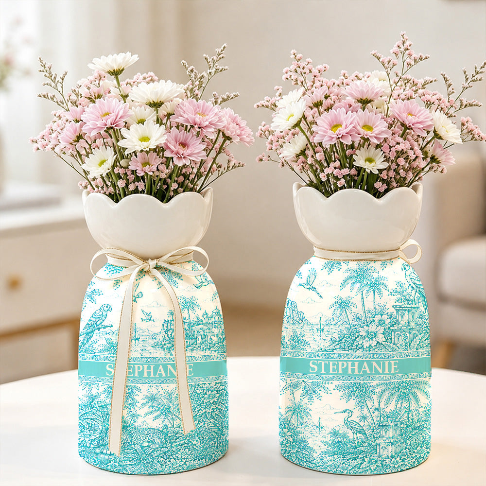 French Riviera Collection & Toile De Jouy Pattern Aquamarina - Personalized Ceramic Flower Vase - Gift For Home Decor-Myprintsy