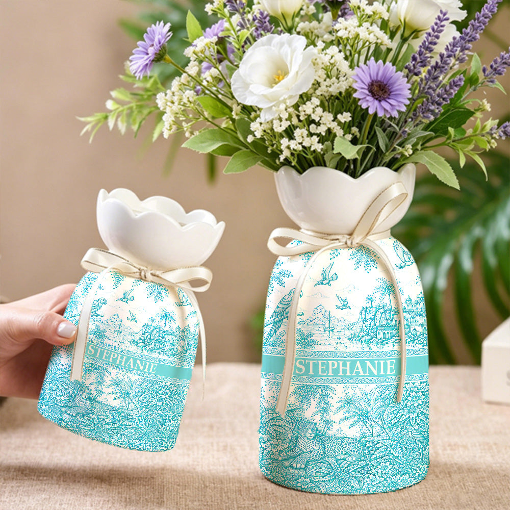 French Riviera Collection & Toile De Jouy Pattern Aquamarina - Personalized Ceramic Flower Vase - Gift For Home Decor-Myprintsy