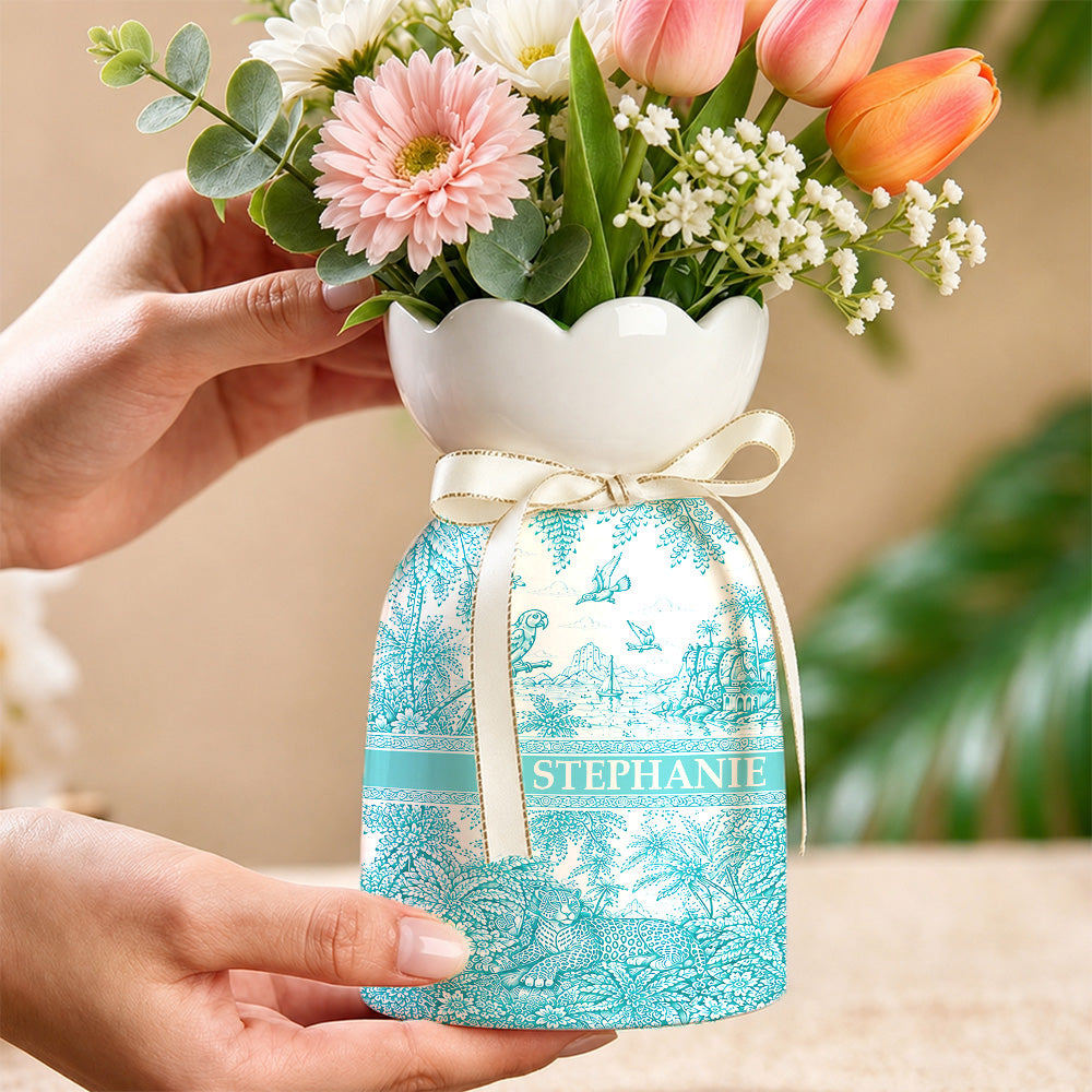 French Riviera Collection & Toile De Jouy Pattern Aquamarina - Personalized Ceramic Flower Vase - Gift For Home Decor-Myprintsy