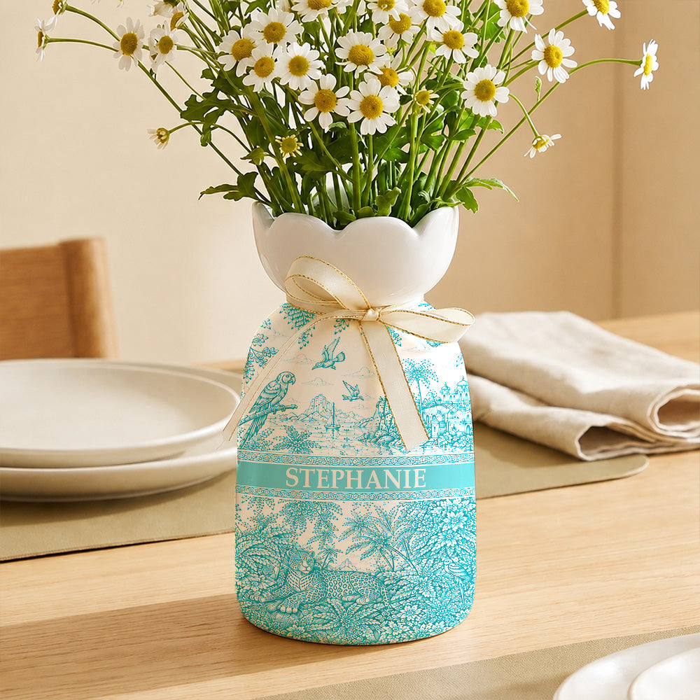 French Riviera Collection & Toile De Jouy Pattern Aquamarina - Personalized Ceramic Flower Vase - Gift For Home Decor-Myprintsy