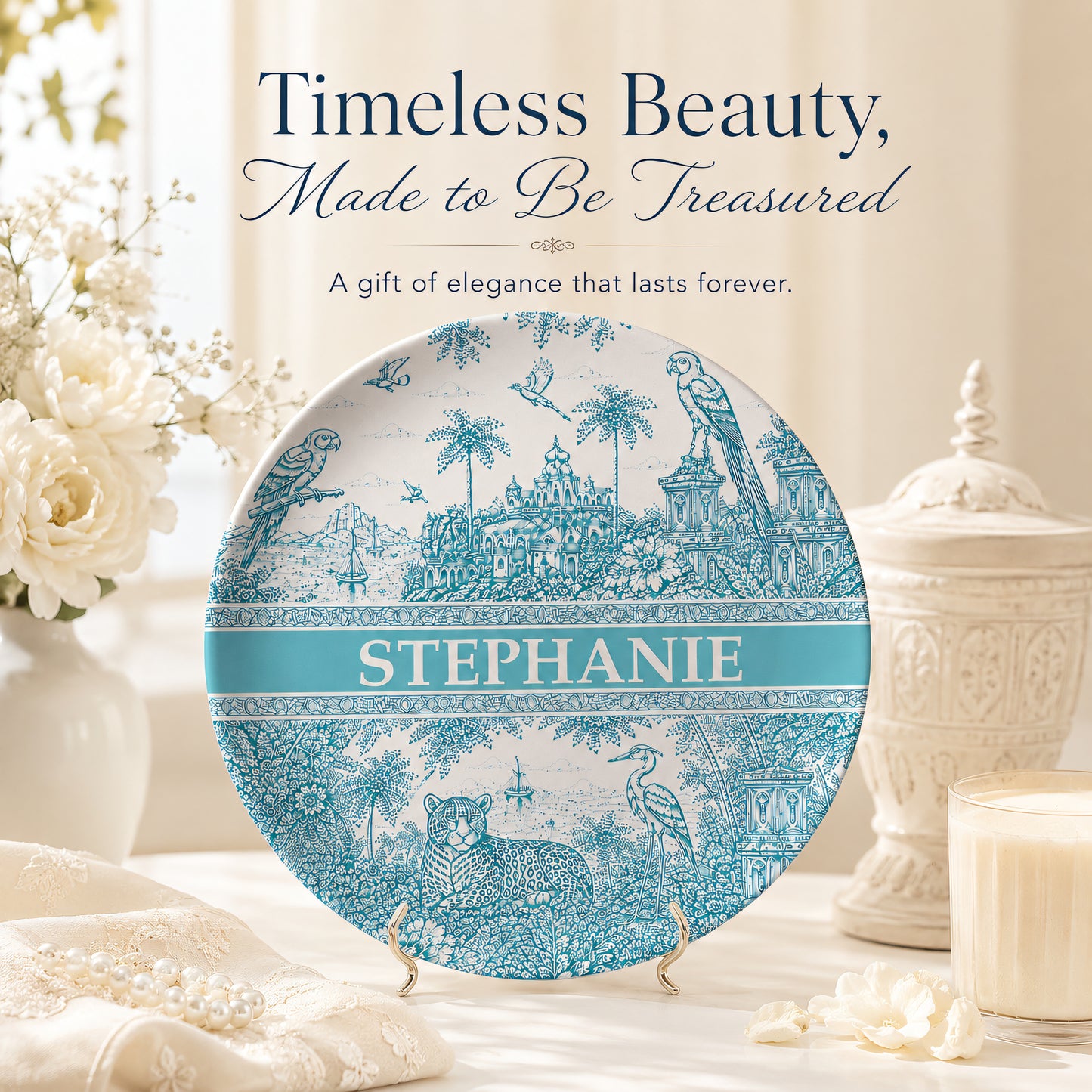 French Riviera Collection & Toile De Jouy Pattern Aquamarina - Personalized Ceramic Plate - Plates For Decoration-Myprintsy