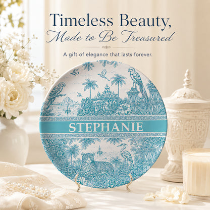 French Riviera Collection & Toile De Jouy Pattern Aquamarina - Personalized Ceramic Plate - Plates For Decoration-Myprintsy