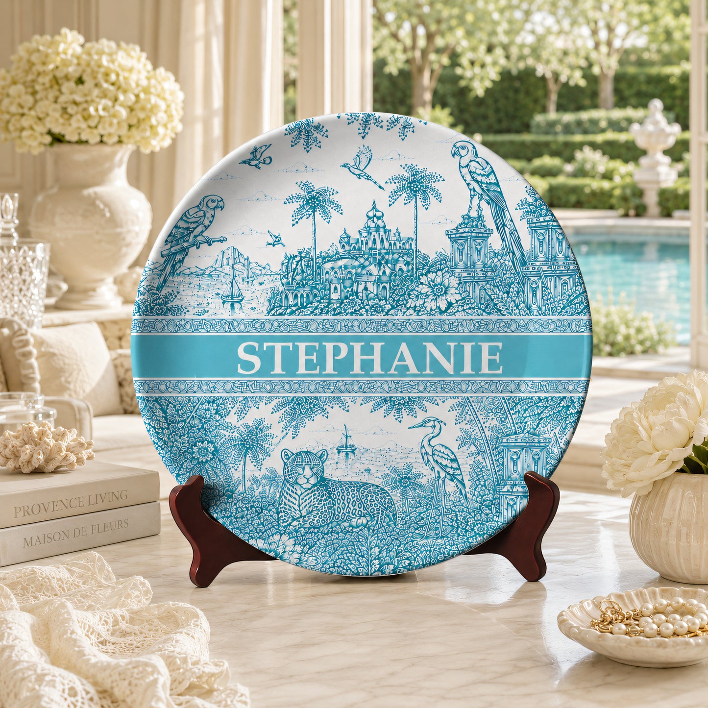 French Riviera Collection & Toile De Jouy Pattern Aquamarina - Personalized Ceramic Plate - Plates For Decoration-Myprintsy