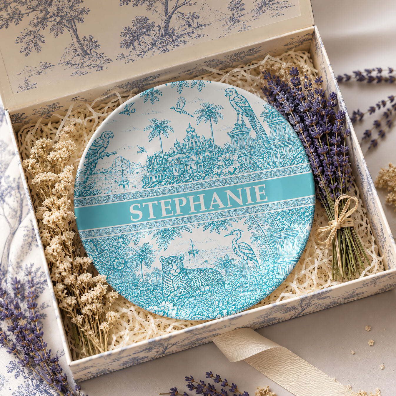 French Riviera Collection & Toile De Jouy Pattern Aquamarina - Personalized Ceramic Plate - Plates For Decoration-Myprintsy