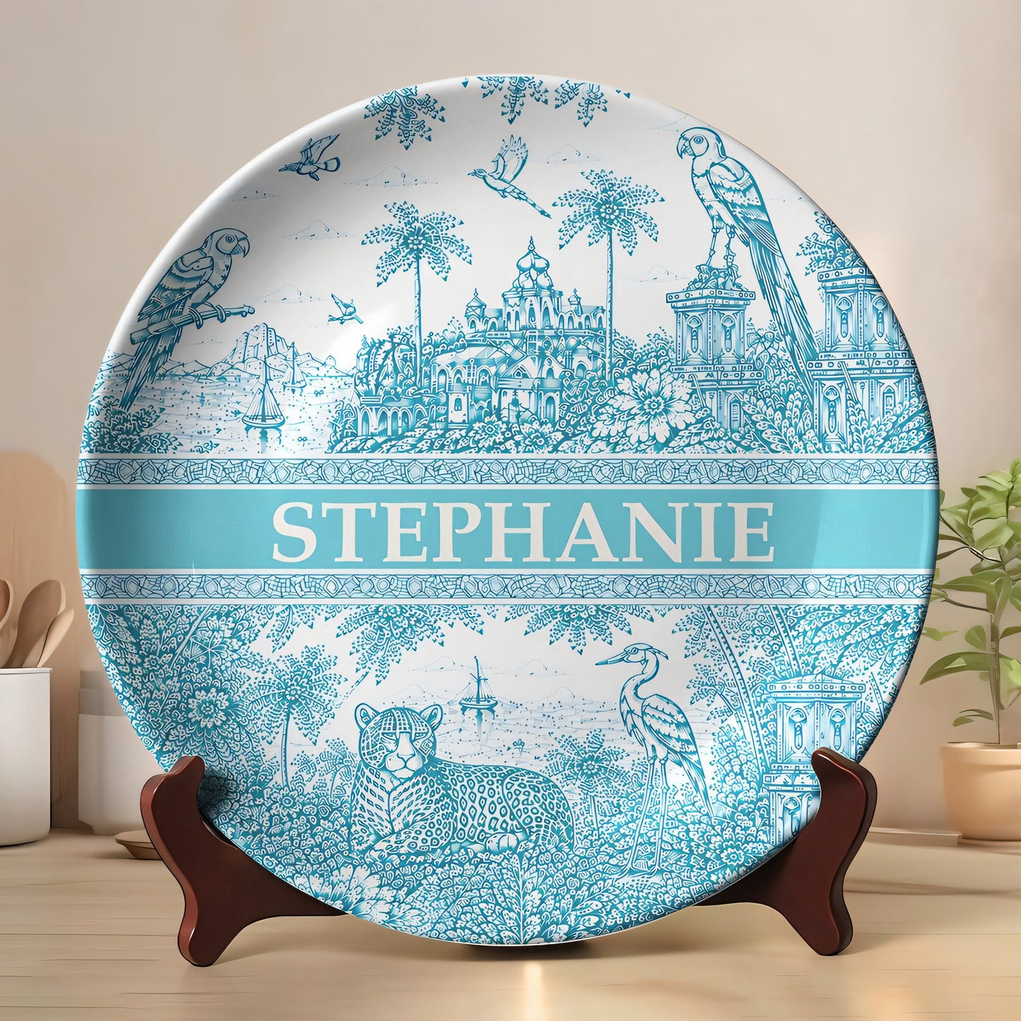 French Riviera Collection & Toile De Jouy Pattern Aquamarina - Personalized Ceramic Plate - Plates For Decoration-Myprintsy