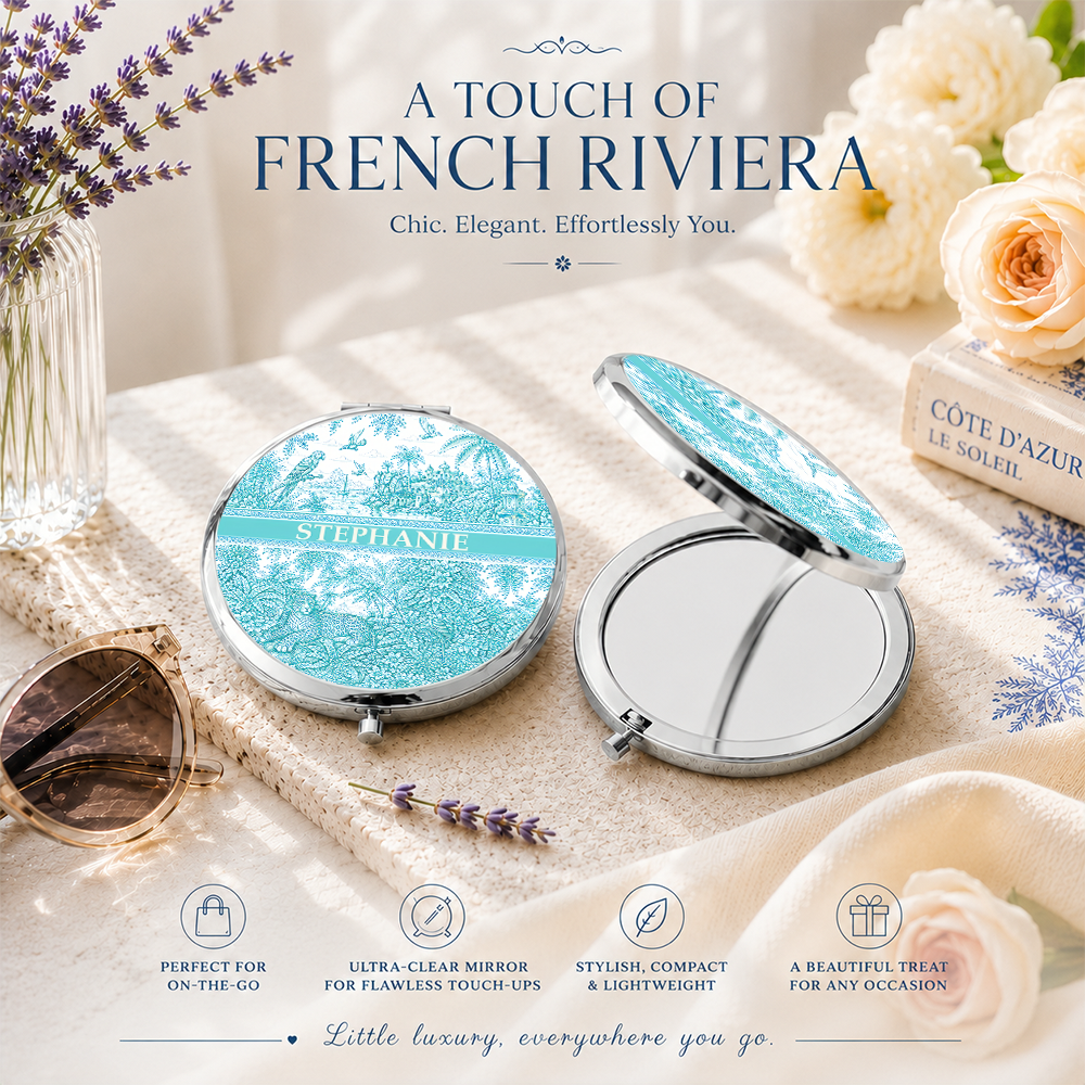 French Riviera Collection & Toile De Jouy Pattern Aquamarina - Personalized Circle Metallic Compact Mirror-Myprintsy