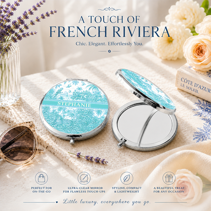 French Riviera Collection & Toile De Jouy Pattern Aquamarina - Personalized Circle Metallic Compact Mirror-Myprintsy