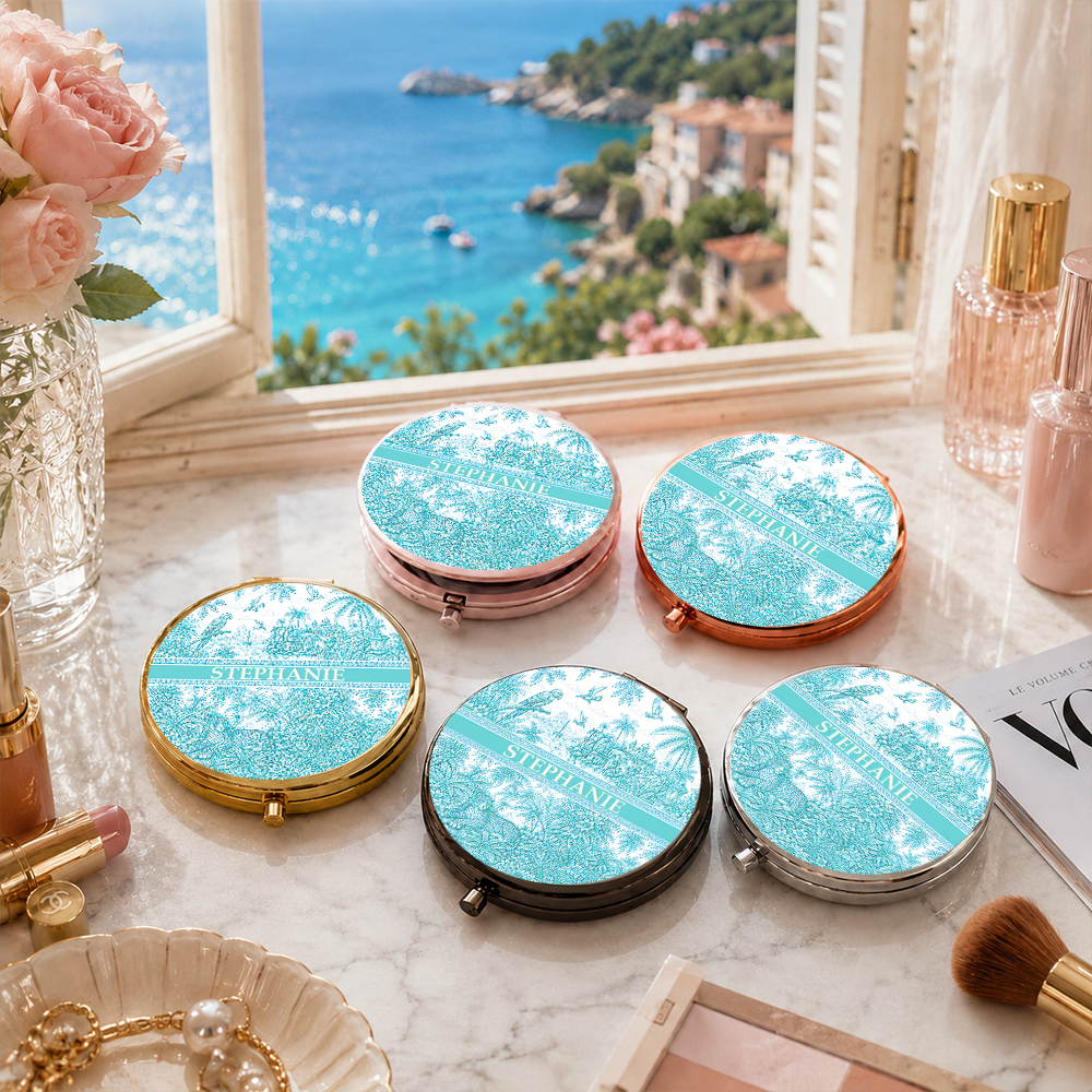 French Riviera Collection & Toile De Jouy Pattern Aquamarina - Personalized Circle Metallic Compact Mirror-Myprintsy