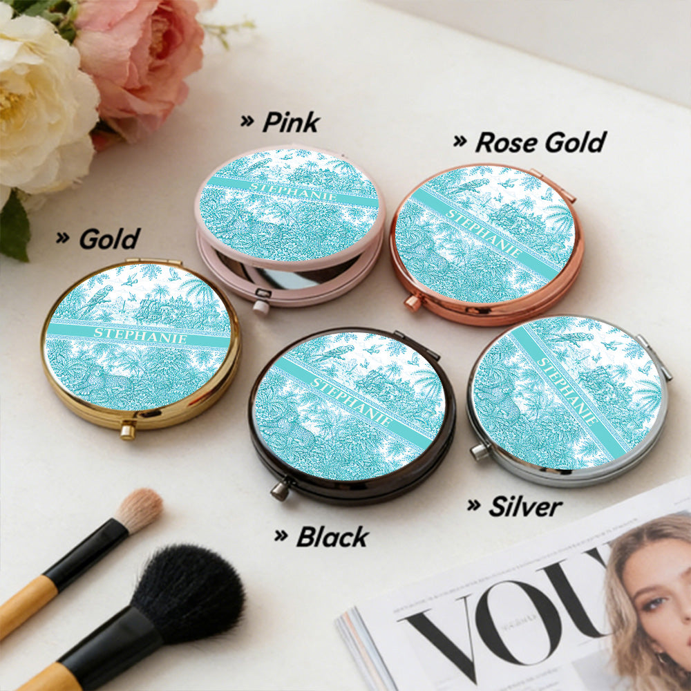 French Riviera Collection & Toile De Jouy Pattern Aquamarina - Personalized Circle Metallic Compact Mirror-Myprintsy
