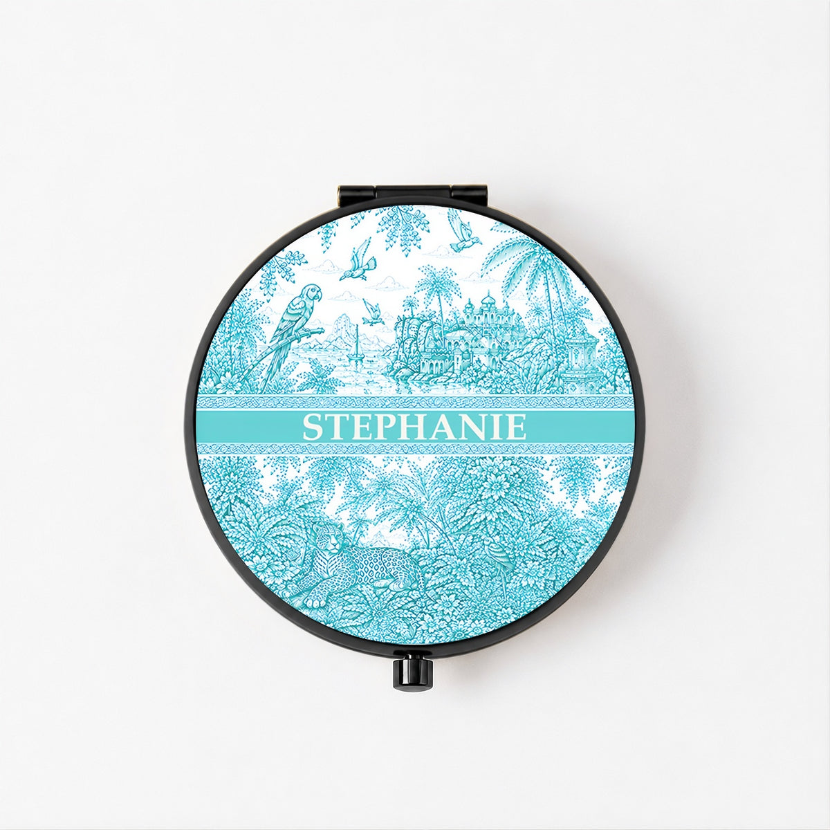 French Riviera Collection & Toile De Jouy Pattern Aquamarina - Personalized Circle Metallic Compact Mirror-Myprintsy