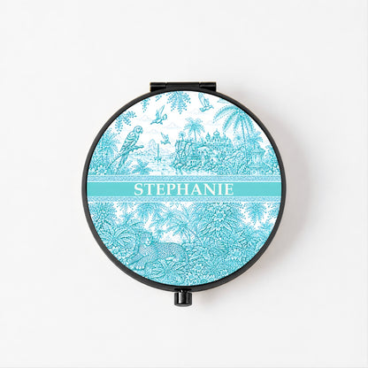 French Riviera Collection & Toile De Jouy Pattern Aquamarina - Personalized Circle Metallic Compact Mirror-Myprintsy