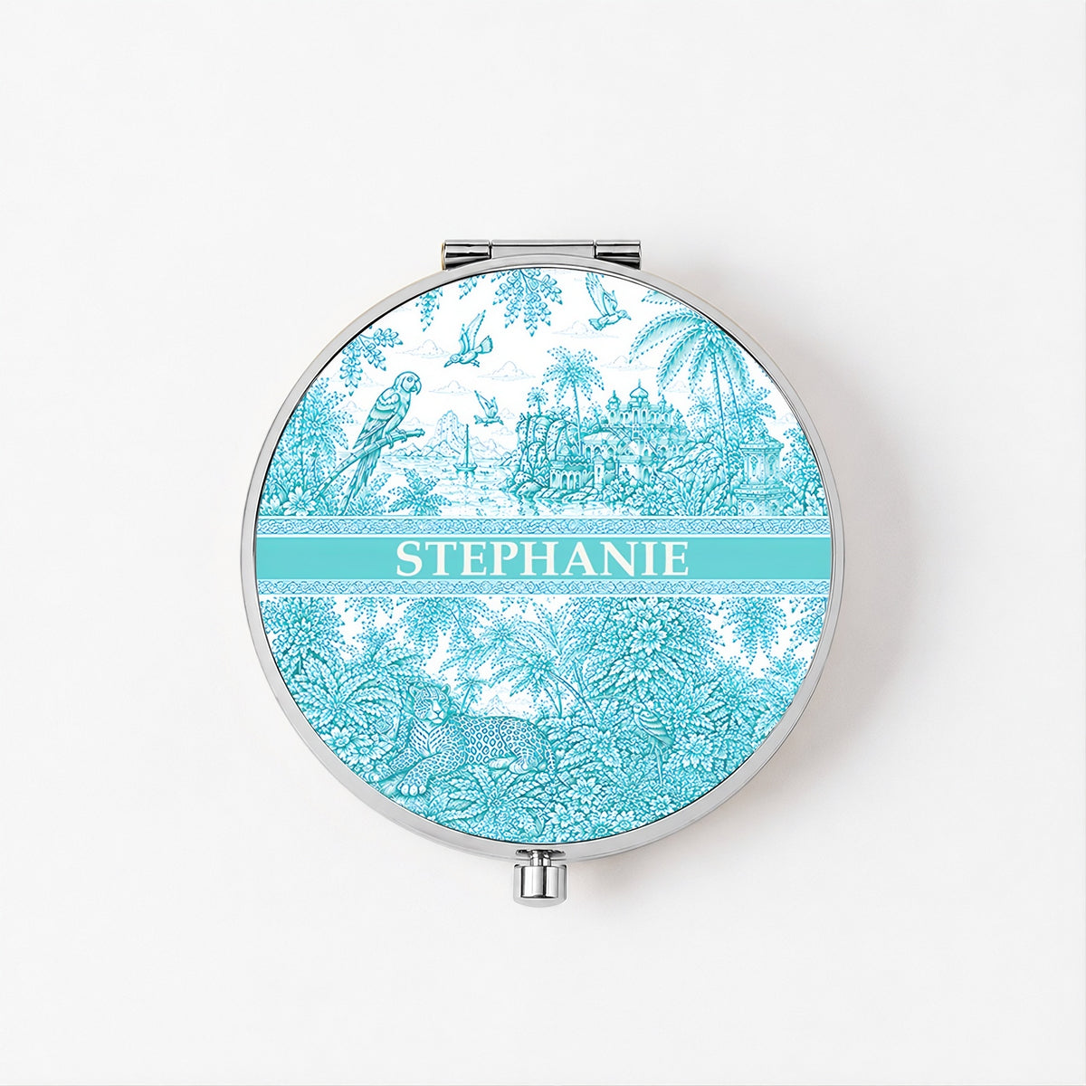 French Riviera Collection & Toile De Jouy Pattern Aquamarina - Personalized Circle Metallic Compact Mirror-Myprintsy
