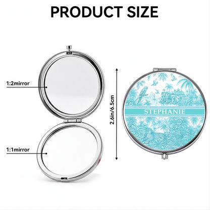 French Riviera Collection & Toile De Jouy Pattern Aquamarina - Personalized Circle Metallic Compact Mirror-Myprintsy