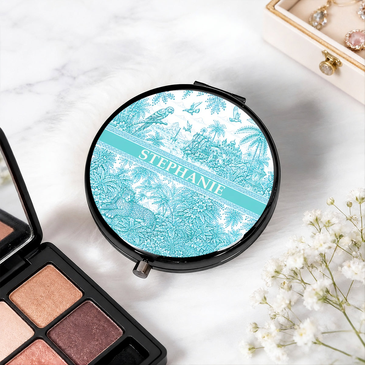 French Riviera Collection & Toile De Jouy Pattern Aquamarina - Personalized Circle Metallic Compact Mirror-Myprintsy