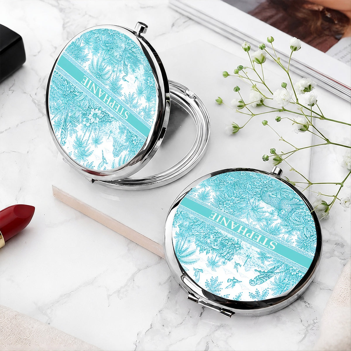 French Riviera Collection & Toile De Jouy Pattern Aquamarina - Personalized Circle Metallic Compact Mirror-Myprintsy