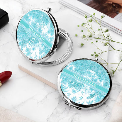 French Riviera Collection & Toile De Jouy Pattern Aquamarina - Personalized Circle Metallic Compact Mirror-Myprintsy