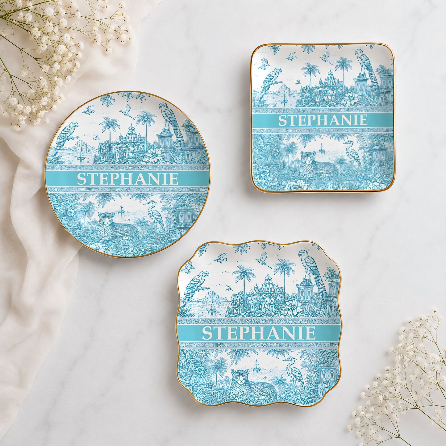 French Riviera Collection & Toile De Jouy Pattern Aquamarina - Personalized Jewelry Dish-Myprintsy