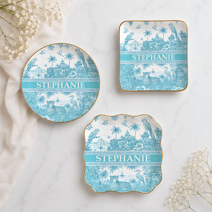 French Riviera Collection & Toile De Jouy Pattern Aquamarina - Personalized Jewelry Dish-Myprintsy
