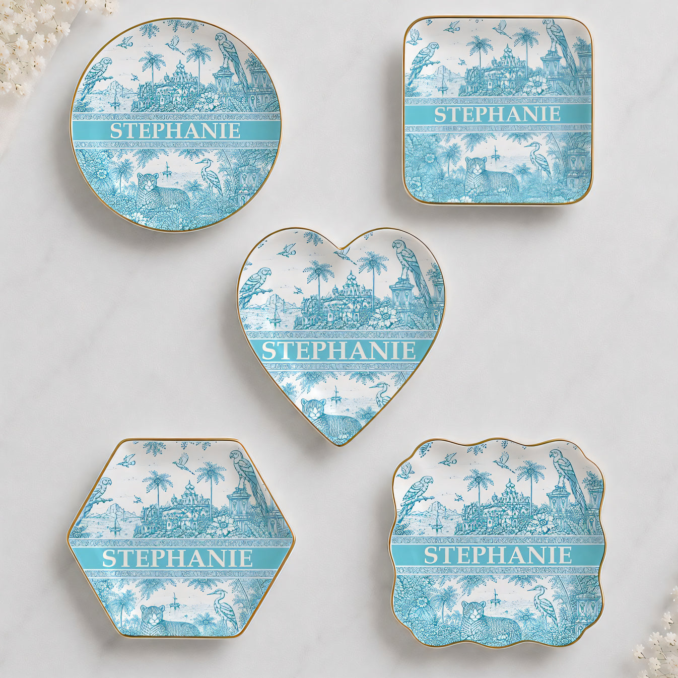 French Riviera Collection & Toile De Jouy Pattern Aquamarina - Personalized Jewelry Dish-Myprintsy
