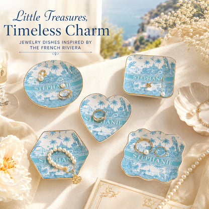 French Riviera Collection & Toile De Jouy Pattern Aquamarina - Personalized Jewelry Dish-Myprintsy
