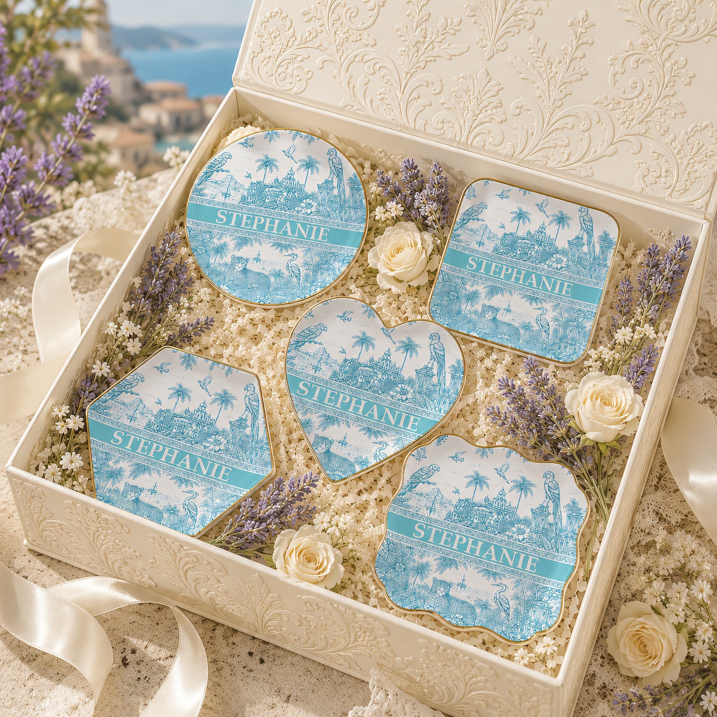 French Riviera Collection & Toile De Jouy Pattern Aquamarina - Personalized Jewelry Dish-Myprintsy