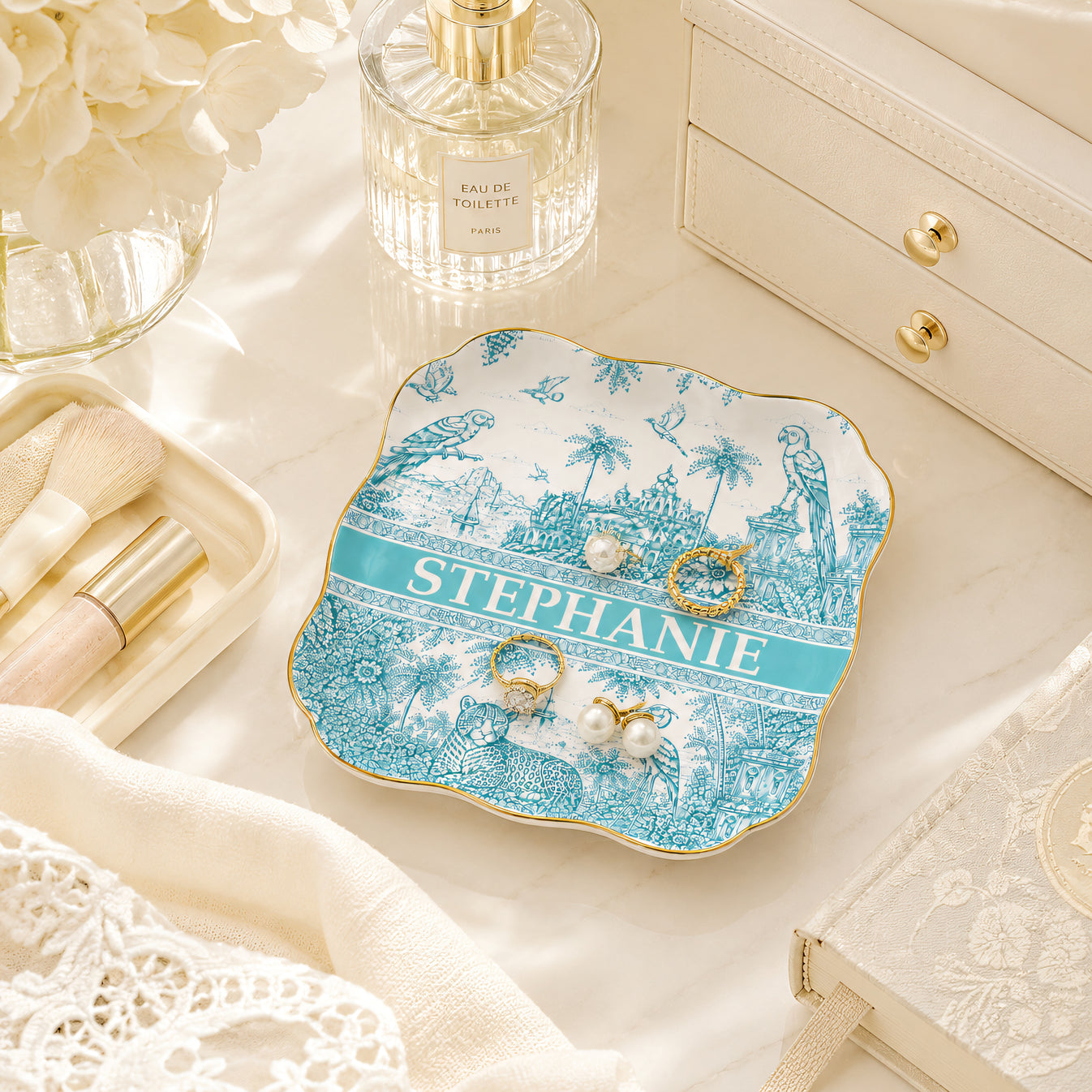 French Riviera Collection & Toile De Jouy Pattern Aquamarina - Personalized Jewelry Dish-Myprintsy