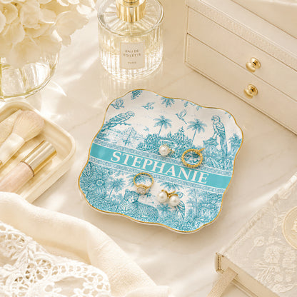 French Riviera Collection & Toile De Jouy Pattern Aquamarina - Personalized Jewelry Dish-Myprintsy