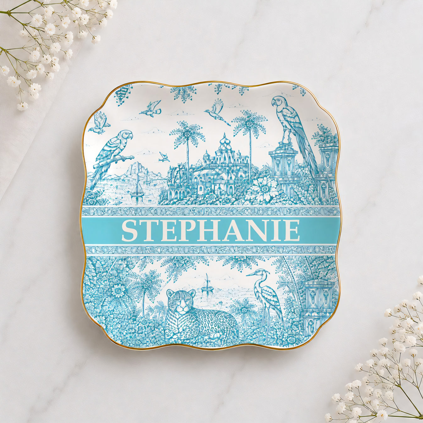 French Riviera Collection & Toile De Jouy Pattern Aquamarina - Personalized Jewelry Dish-Myprintsy