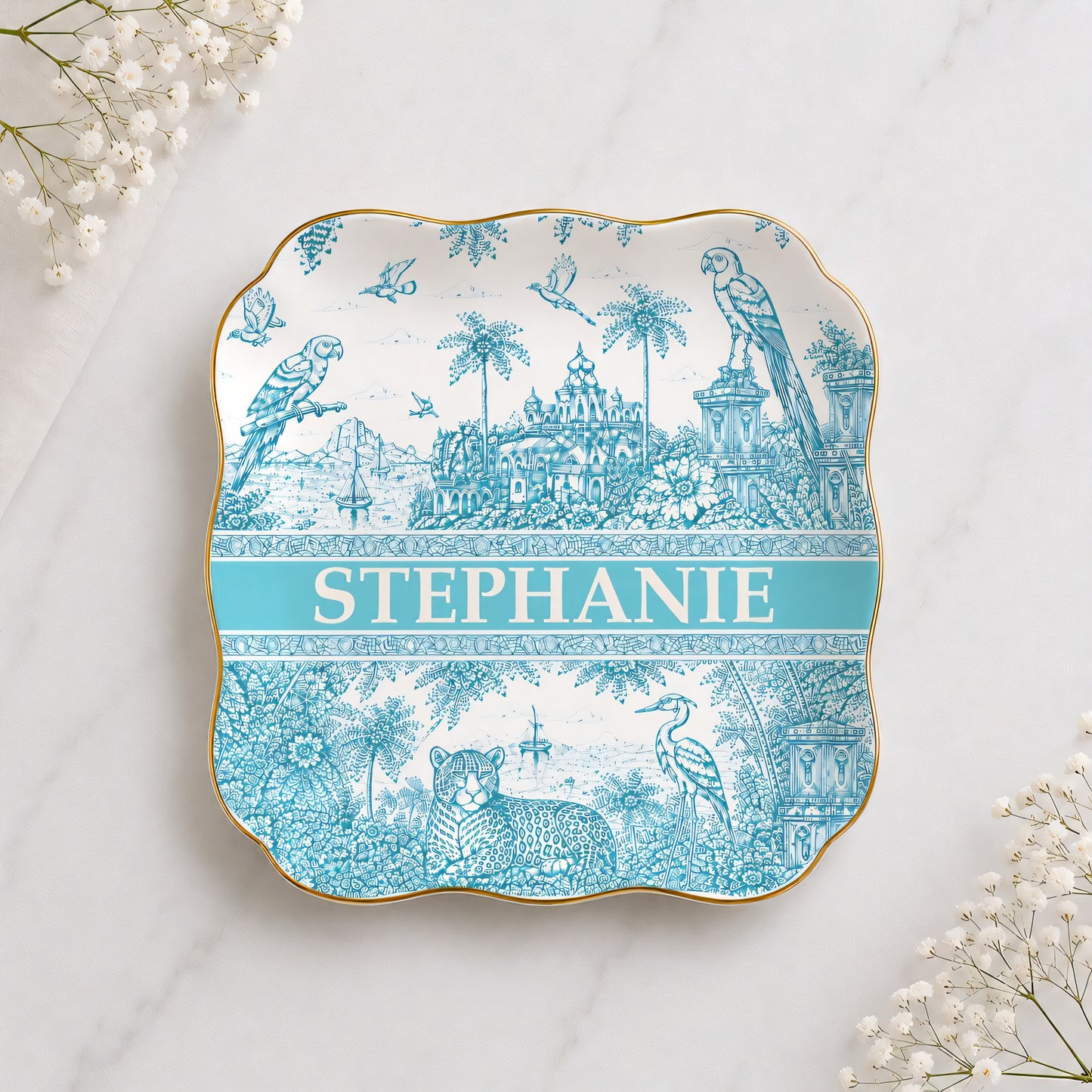 French Riviera Collection & Toile De Jouy Pattern Aquamarina - Personalized Jewelry Dish-Myprintsy