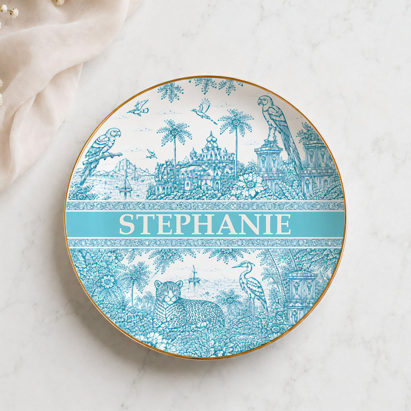 French Riviera Collection & Toile De Jouy Pattern Aquamarina - Personalized Jewelry Dish-Myprintsy