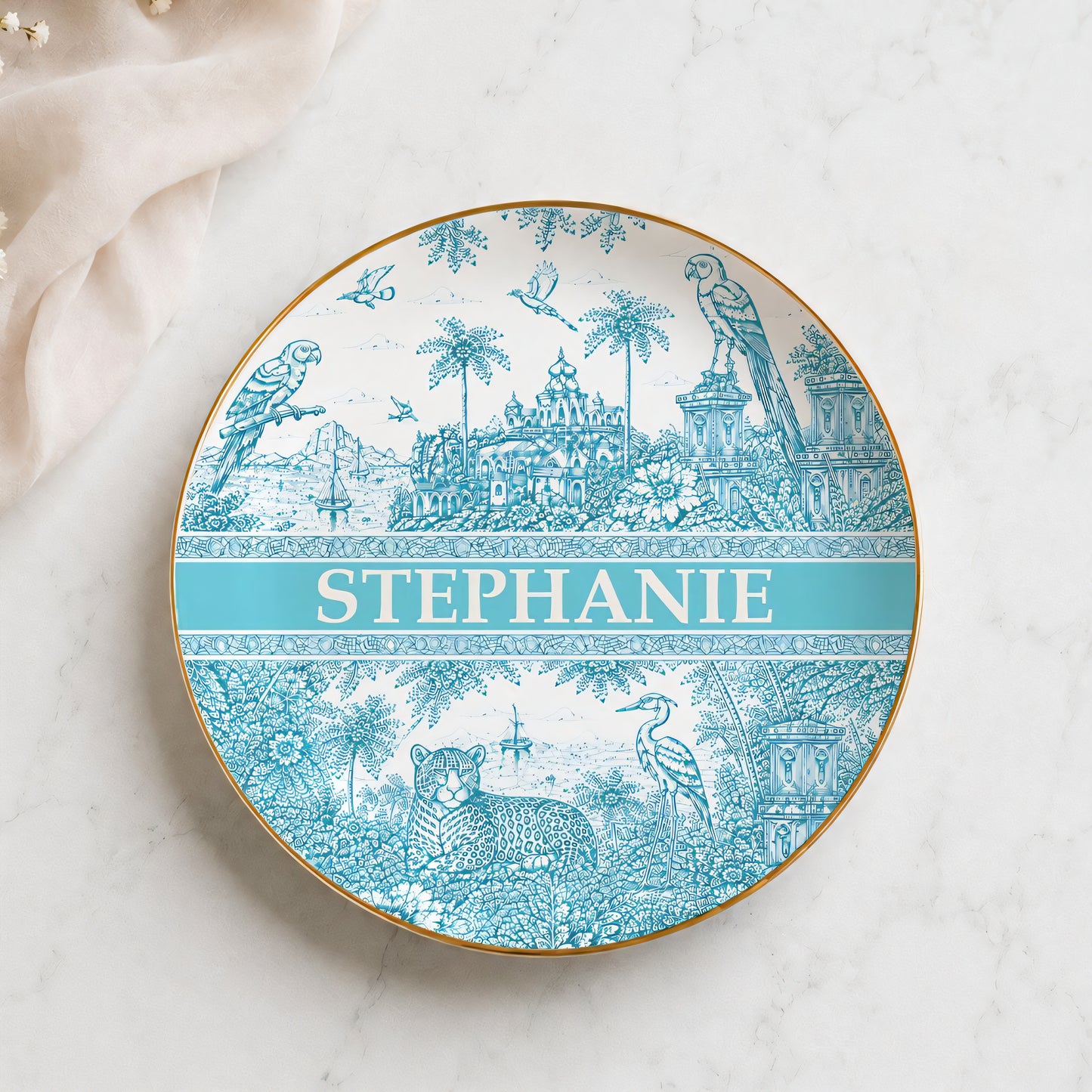 French Riviera Collection & Toile De Jouy Pattern Aquamarina - Personalized Jewelry Dish-Myprintsy