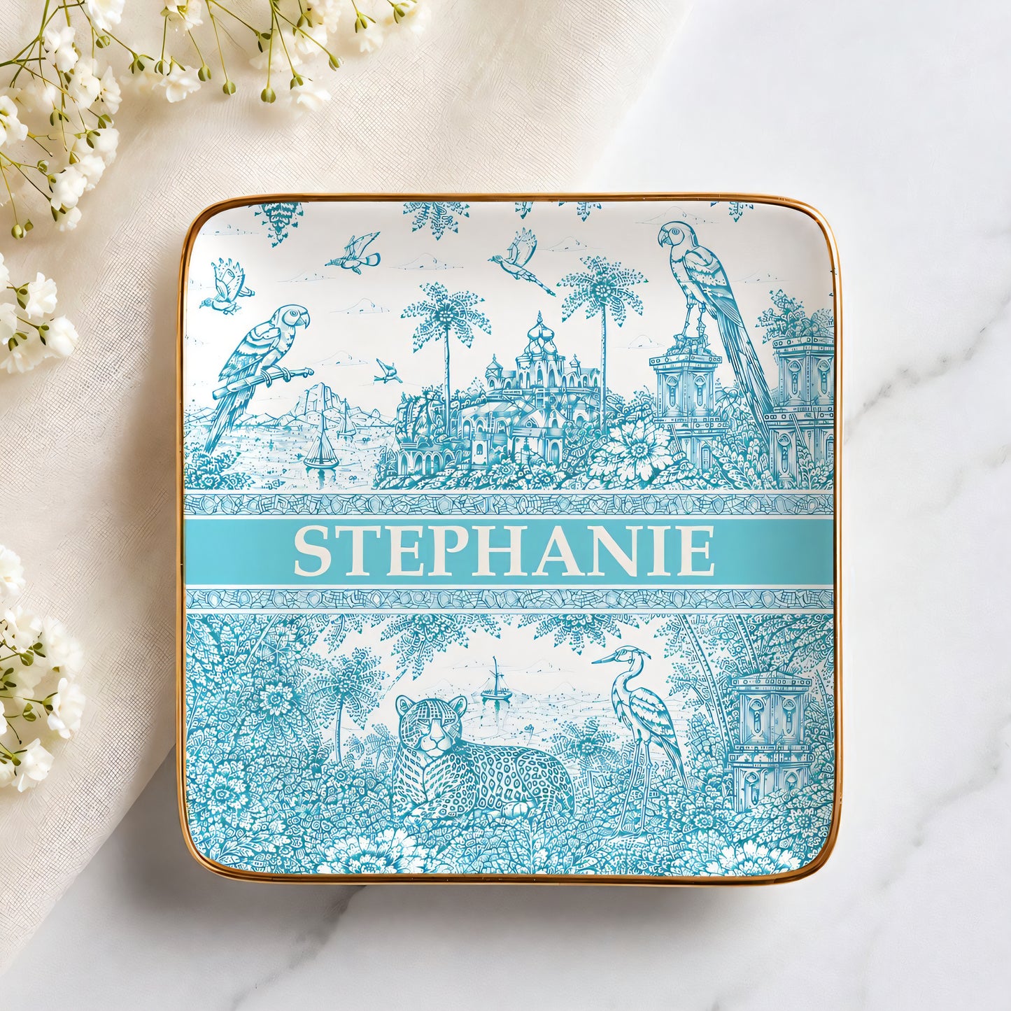 French Riviera Collection & Toile De Jouy Pattern Aquamarina - Personalized Jewelry Dish-Myprintsy