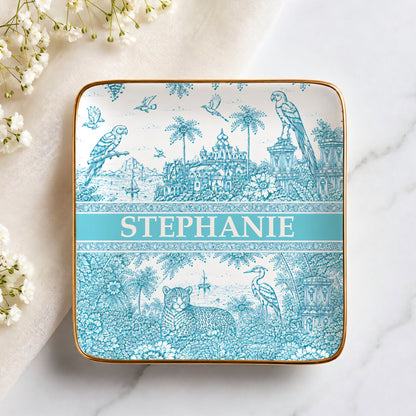 French Riviera Collection & Toile De Jouy Pattern Aquamarina - Personalized Jewelry Dish-Myprintsy