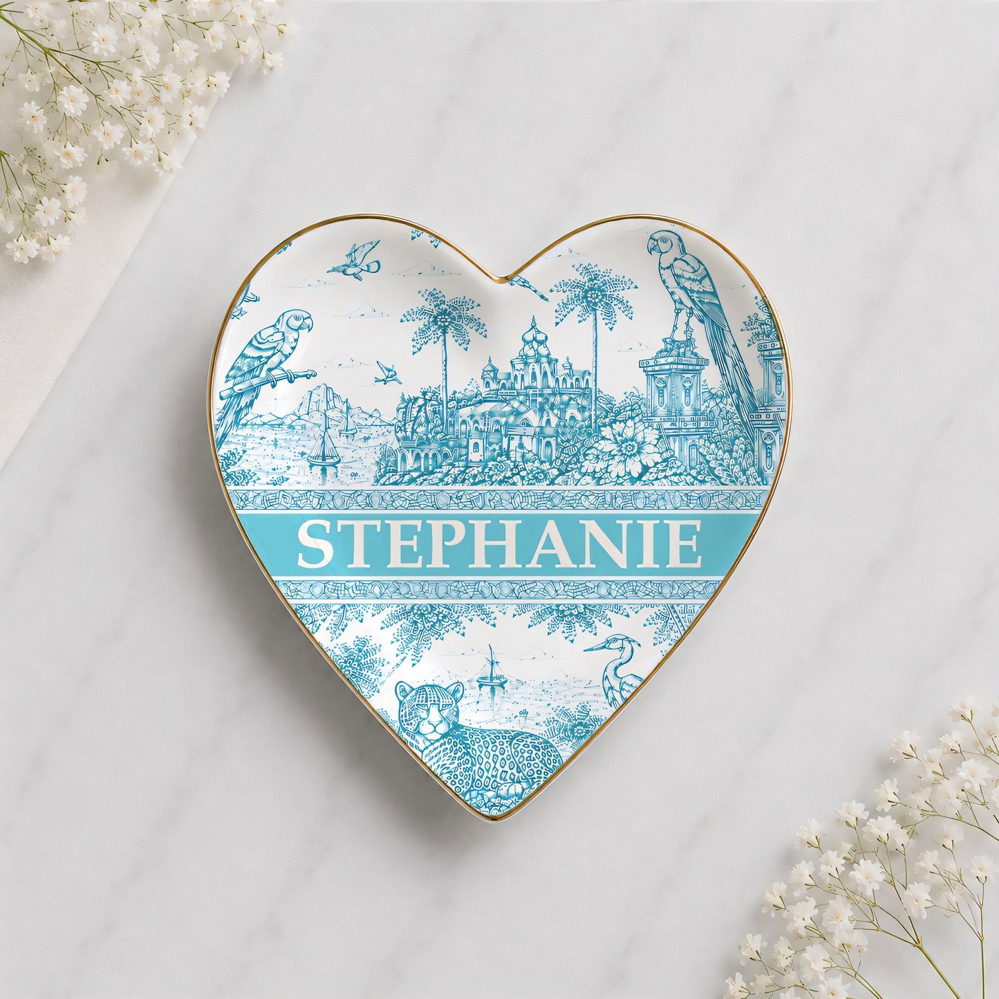 French Riviera Collection & Toile De Jouy Pattern Aquamarina - Personalized Jewelry Dish-Myprintsy