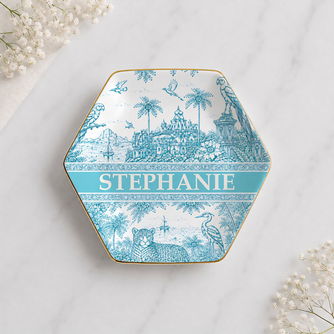 French Riviera Collection & Toile De Jouy Pattern Aquamarina - Personalized Jewelry Dish-Myprintsy