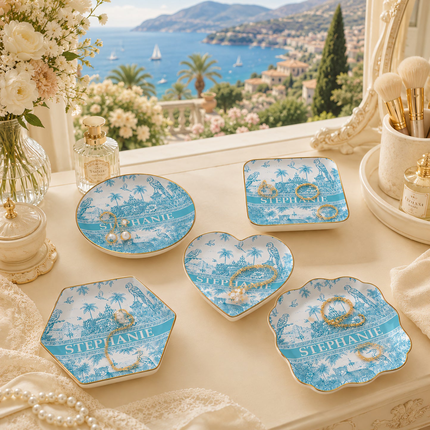 French Riviera Collection & Toile De Jouy Pattern Aquamarina - Personalized Jewelry Dish-Myprintsy