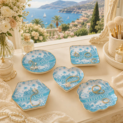 French Riviera Collection & Toile De Jouy Pattern Aquamarina - Personalized Jewelry Dish-Myprintsy