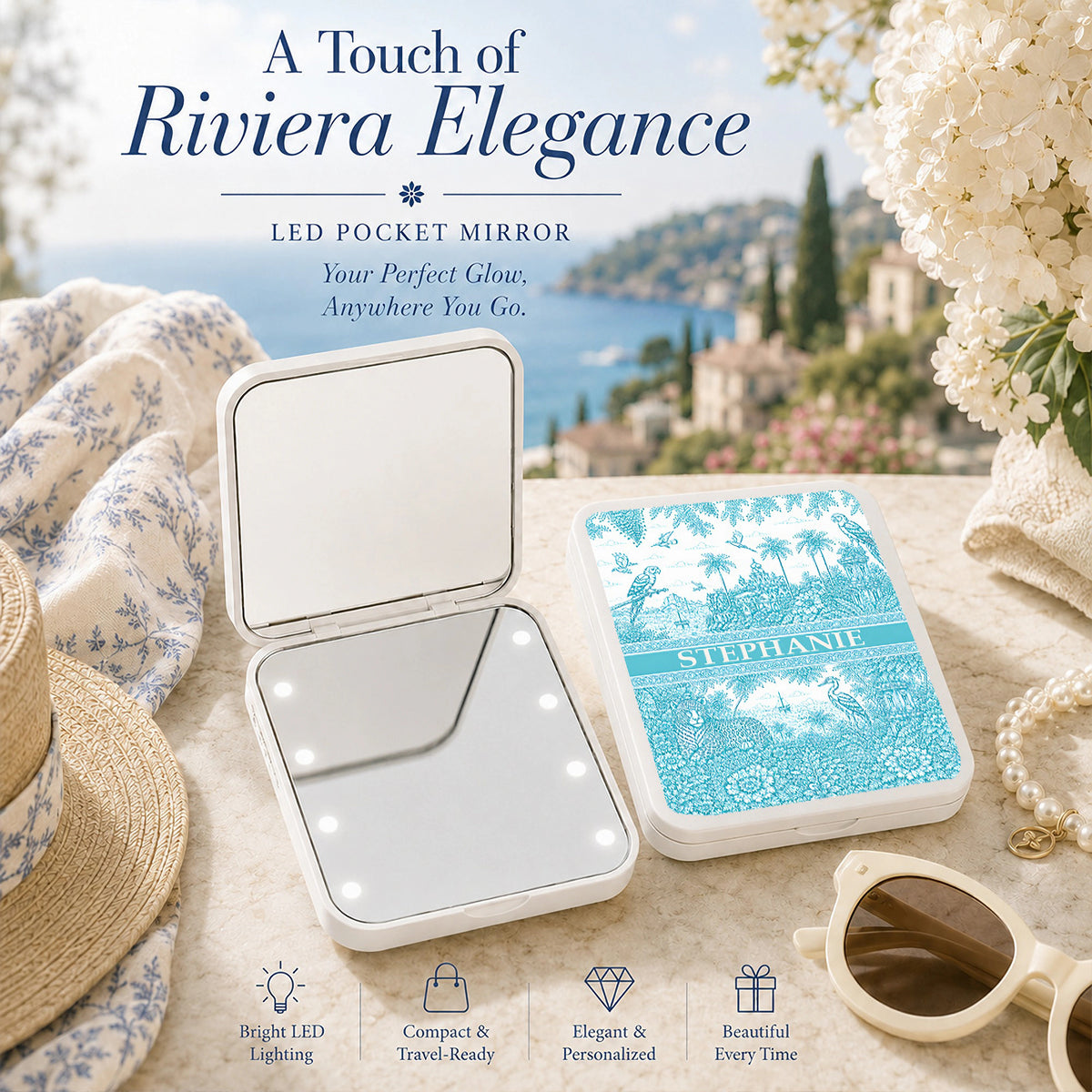 French Riviera Collection & Toile De Jouy Pattern Aquamarina - Personalized LED Pocket Mirror-Myprintsy