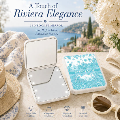 French Riviera Collection & Toile De Jouy Pattern Aquamarina - Personalized LED Pocket Mirror-Myprintsy