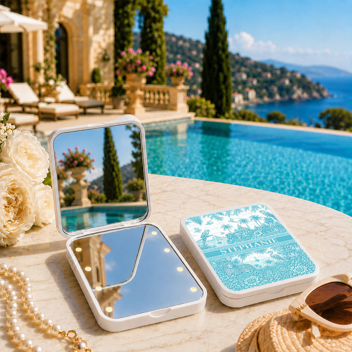 French Riviera Collection & Toile De Jouy Pattern Aquamarina - Personalized LED Pocket Mirror-Myprintsy