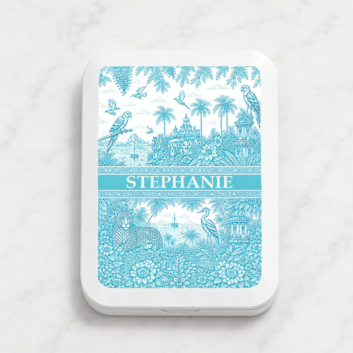 French Riviera Collection & Toile De Jouy Pattern Aquamarina - Personalized LED Pocket Mirror-Myprintsy