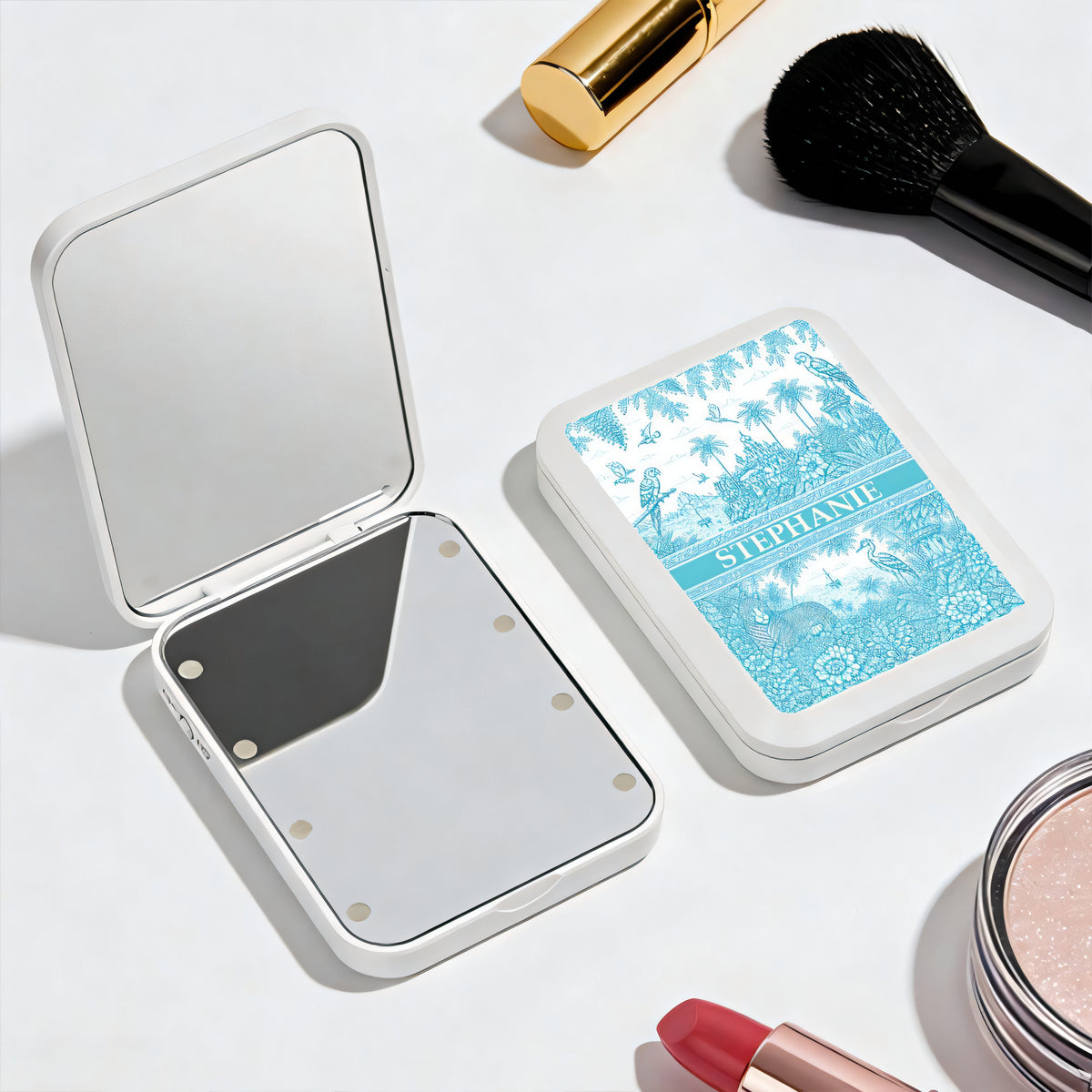 French Riviera Collection & Toile De Jouy Pattern Aquamarina - Personalized LED Pocket Mirror-Myprintsy