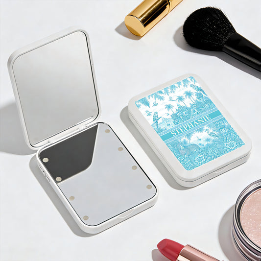 French Riviera Collection & Toile De Jouy Pattern Aquamarina - Personalized LED Pocket Mirror-Myprintsy